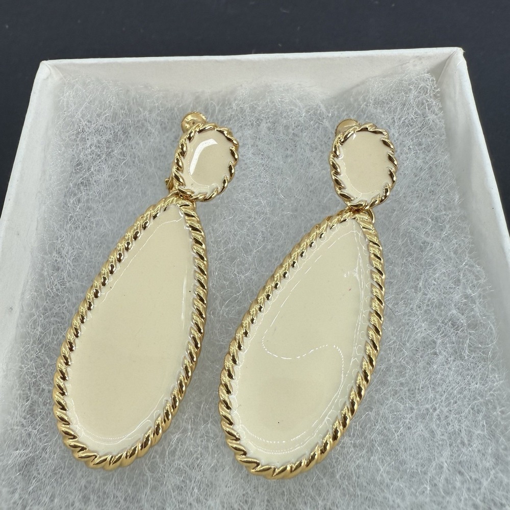 Napier Gold Tone Cream Colored Drops Enamel Clip Earrings Gold Tone Signed